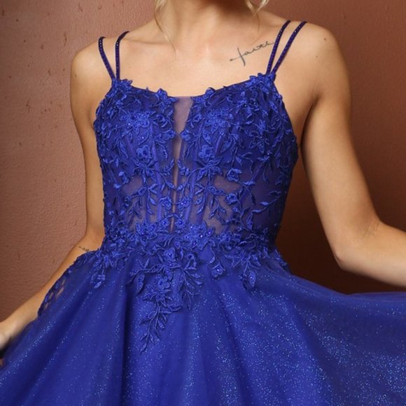 NEW ROYAL-BLUE OFF SHOULDER SLEEVELESS EMBROIDERY MINI GOWN WITH STRAPS NX T724 - Picture 6 of 8